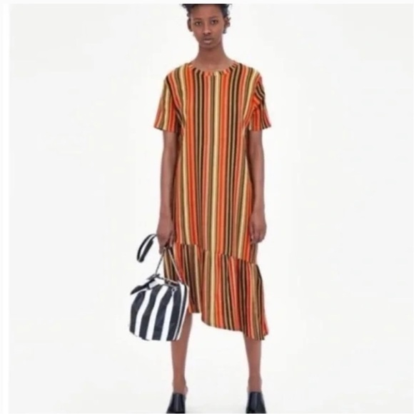 Zara Dress Striped Crepe Asymmetric Hem Short Sleeve Tan Black White Size Small - Picture 9 of 10